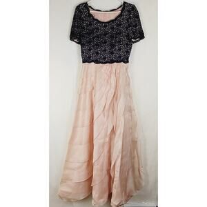Vintage Navy Blue Floral Lace Layered Pink Maxi Skirt Dress Cottagecore M